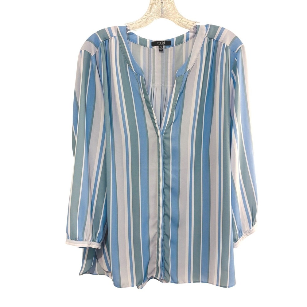 NYDJ Blue Teal Striped Split V-Neck Pullover Blouse Women XL Relaxed Fit Breezy